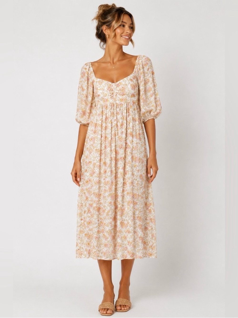 Billabong Cream Floral Puff-Sleeve Midi Dress - Picture 1 of 12
